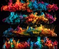 A large collection of multi-colored paints, mixed in water. A set of overlays with beautiful explosions of multi-colored Royalty Free Stock Photo