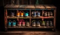 Large collection of old fashioned leather clogs in a rustic store generated by AI