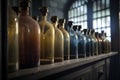 Large collection of old medicine bottles in row at wooden shelves. Generative AI Royalty Free Stock Photo