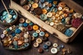 Large collection of old vintage sewing buttons, AI Generated Royalty Free Stock Photo