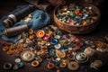 Large collection of old vintage sewing buttons, AI Generated Royalty Free Stock Photo