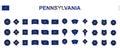 Large collection of Pennsylvania flags of various shapes and effects