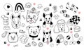 Large collection of pets. Cute dog characters of different breeds, toys and paw prints, booth, food and feed. Vector Royalty Free Stock Photo