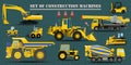 A large collection of realistic construction machines, equipment. A large design set of flat icons for the construction business. Royalty Free Stock Photo