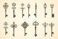 Large collection of silhouettes of retro keys of different styles Royalty Free Stock Photo