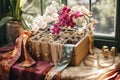 Large collection of silk scarves, jewelry box and bouquet of orchids. Generative AI Royalty Free Stock Photo