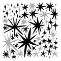 A large collection of star spots of different sizes and different shapes. Shining stars set in black and gray colors. Vector stock Royalty Free Stock Photo