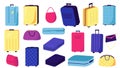 Large collection suitcases, bags, vector illustration. Set designer stylish accessories for travel, trip. Bright colors