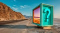 A large, colorful billboard with a question mark on it stands by the side of an empty road in a desert landscape. The background Royalty Free Stock Photo