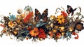 Large, colorful flower arrangement with several butterflies. There are at least five different types of flowers in Royalty Free Stock Photo