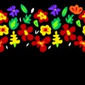 Large colorful flowers on black horizontal seamless border, vector