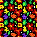 Large colorful flowers on black seamless pattern, vector