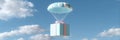 Generative AI Hot air balloon with colorful wrapper floating in bright blue sky with clouds business concept. Royalty Free Stock Photo