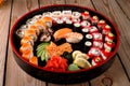 large colorful set of sushi in a round plate Royalty Free Stock Photo