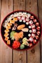 large colorful set of sushi in a round plate Royalty Free Stock Photo