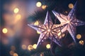 Large colorful stars on Christmas tree branches, bohek effect in the background, Christmas banner with space for your own content Royalty Free Stock Photo