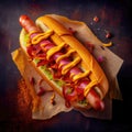 Large colorful tasty succulent hot dog with ketchup and mustard design concept made with Generative AI Royalty Free Stock Photo