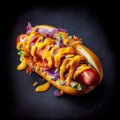 Large colorful tasty succulent hot dog with ketchup and mustard design concept made with Generative AI Royalty Free Stock Photo