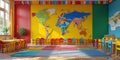 A large colorful world map is on the wall of a room Royalty Free Stock Photo