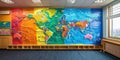 A large colorful world map is on the wall of a room Royalty Free Stock Photo