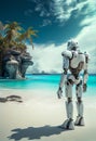 A large combat robot on the beach of a luxurious tropical resort. AI Generated