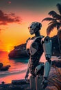 A large combat robot on the beach of a luxurious tropical resort. AI Generated