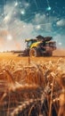 A large combine harvester works effortlessly in a golden wheat field under an interconnected network graphic