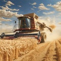 Large Combine Harvesting Wheat in Field. Generative AI.