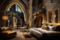 A large and comfortable bedroom featuring a king-sized bed and a stunning stone wall, An ancient castle turned into a luxury hotel