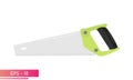 A large, comfortable wood saw with a green handle. Realistic design. On a white background. Carpenter tools. Flat vector