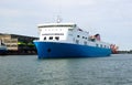 Large commercial freighter in a harbor