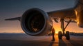 Large Commercial Jet Engine on Airport Tarmac at Sunset with Technician Inspecting Royalty Free Stock Photo