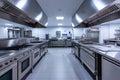 A Large Commercial Kitchen With Stainless Steel Appliances, A panoramic view of an empty modern commercial kitchen, AI Generated