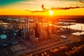 Large common area with petrochemical industry factory against background of dawn sky