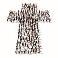 Large community of people forming the image of a religious christian cross.