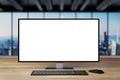 Large computer workstation on blank wooden office desk and skyline view, 3D Illustration