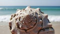 A large conch shell on a beach with the ocean in the background. (AI Generated) Royalty Free Stock Photo