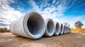Concrete pipes stacked on a construction site under a bright blue sky Royalty Free Stock Photo