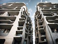 large concrete futuristic brutalist apartment building with curved organic design