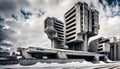 concrete retro futuristic brutalist apartment building in a snow covered urban landscape