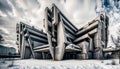 large concrete retro futuristic brutalist apartment building in a snow covered winter landscape