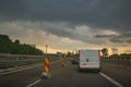 Large congestion and stormy weather on the highway of the sun in Romania