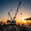 A construction site during sunrise or sunset. The crane is equipped with Royalty Free Stock Photo