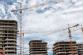 A large construction lot of building cranes and monolithic concrete buildings. Building sphere,