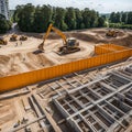 Large construction site including several cranes working on a building complex, with evening sunset, gold sunlight, construction Royalty Free Stock Photo