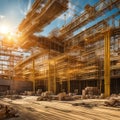 Large construction site including several cranes working on a building complex, with evening sunset, gold sunlight, construction Royalty Free Stock Photo