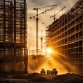 Large construction site including several cranes working on a building complex, with evening sunset, gold sunlight, construction Royalty Free Stock Photo