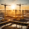 Large construction site including several cranes working on a building complex, with evening sunset, gold sunlight, construction Royalty Free Stock Photo