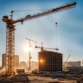 Large construction site including several cranes working on a building complex, with evening sunset, gold sunlight, construction Royalty Free Stock Photo