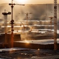 Large construction site including several cranes working on a building complex, with evening sunset, gold sunlight, construction Royalty Free Stock Photo